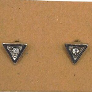 Triangle Silver Tone Stud Earrings Pierced Clear Crystal Rhinestone Accents
